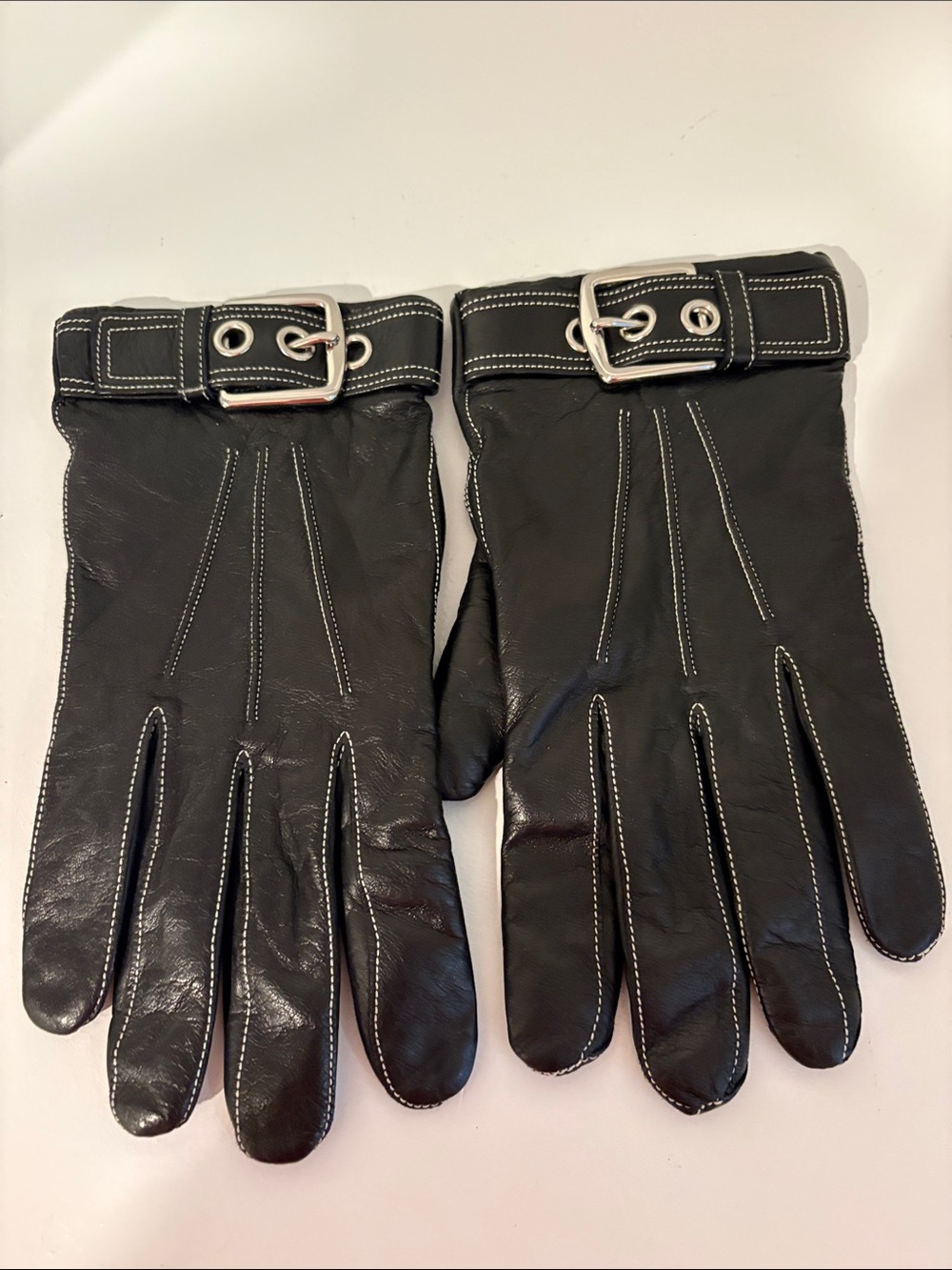 Womens Black Coach Leather Gloves with Buckle Detail